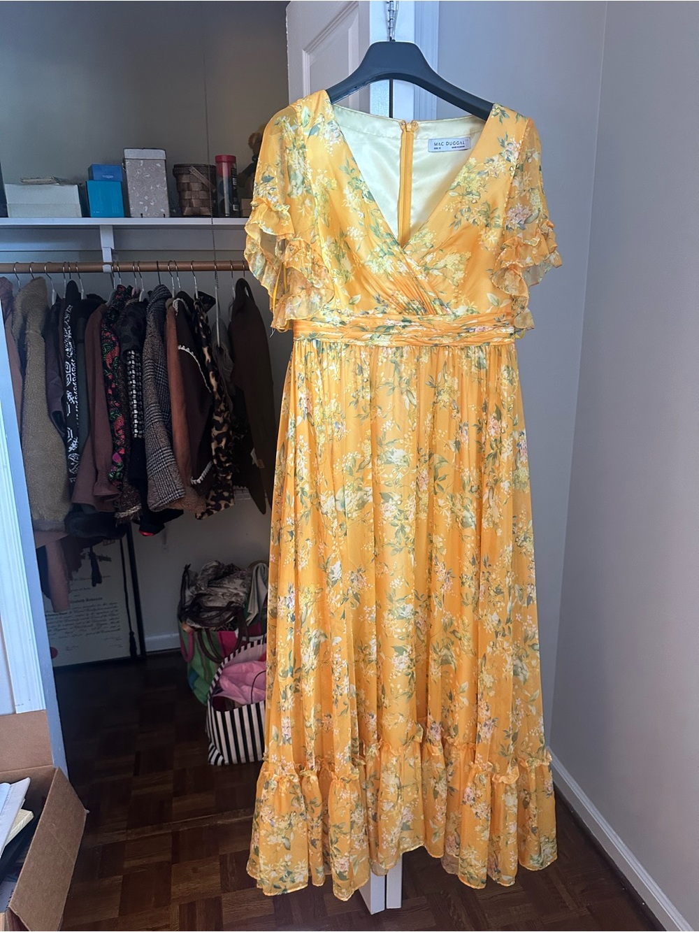 Mac Duggal Yellow Floral Ruffle Maxi Dress